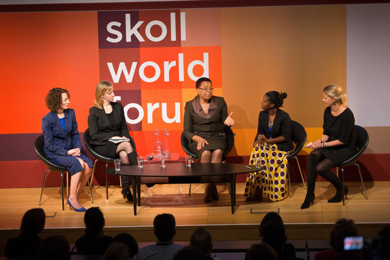 panel of five women on Skoll World Forum stage